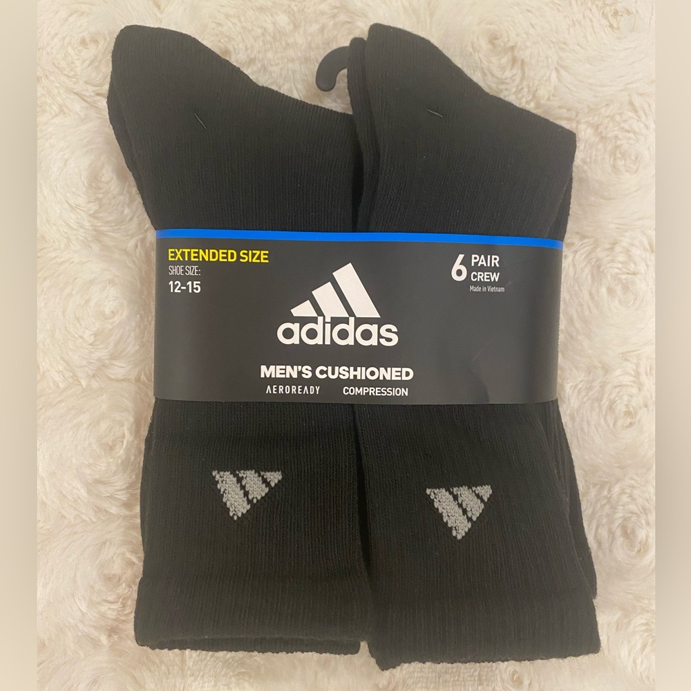 NWT ADIDAS Men’s Cushioned Compression Crew Socks 6-Pair Size 12-15 BLACK